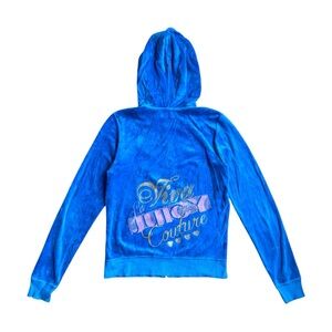 Juicy Couture Blue‎ Velour Zip-Up Hoodie Size L Rhinestones